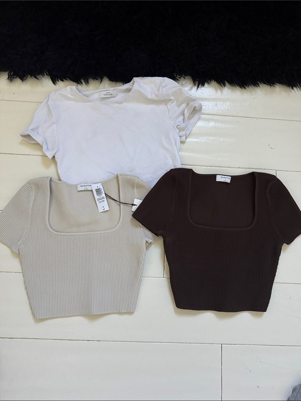 Aritzia Ribbed Square-Neck Crop Top - White, Cream, Brown